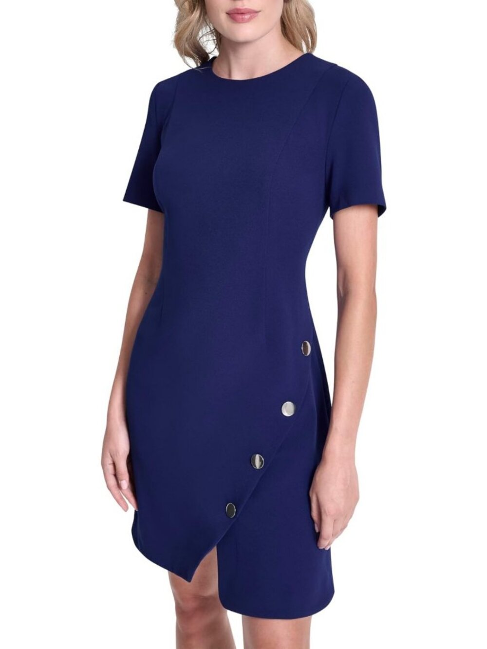 Chic Short Sleeve Jewel Neck Scuba Crepe Sheath Dress for Women - Perfect for